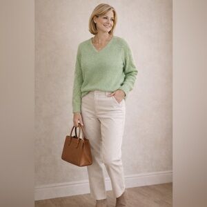 Etosell Fuzzy Knit Sweater Sage Green Long Sleeve V Neck Cozy‎ Pullover Small